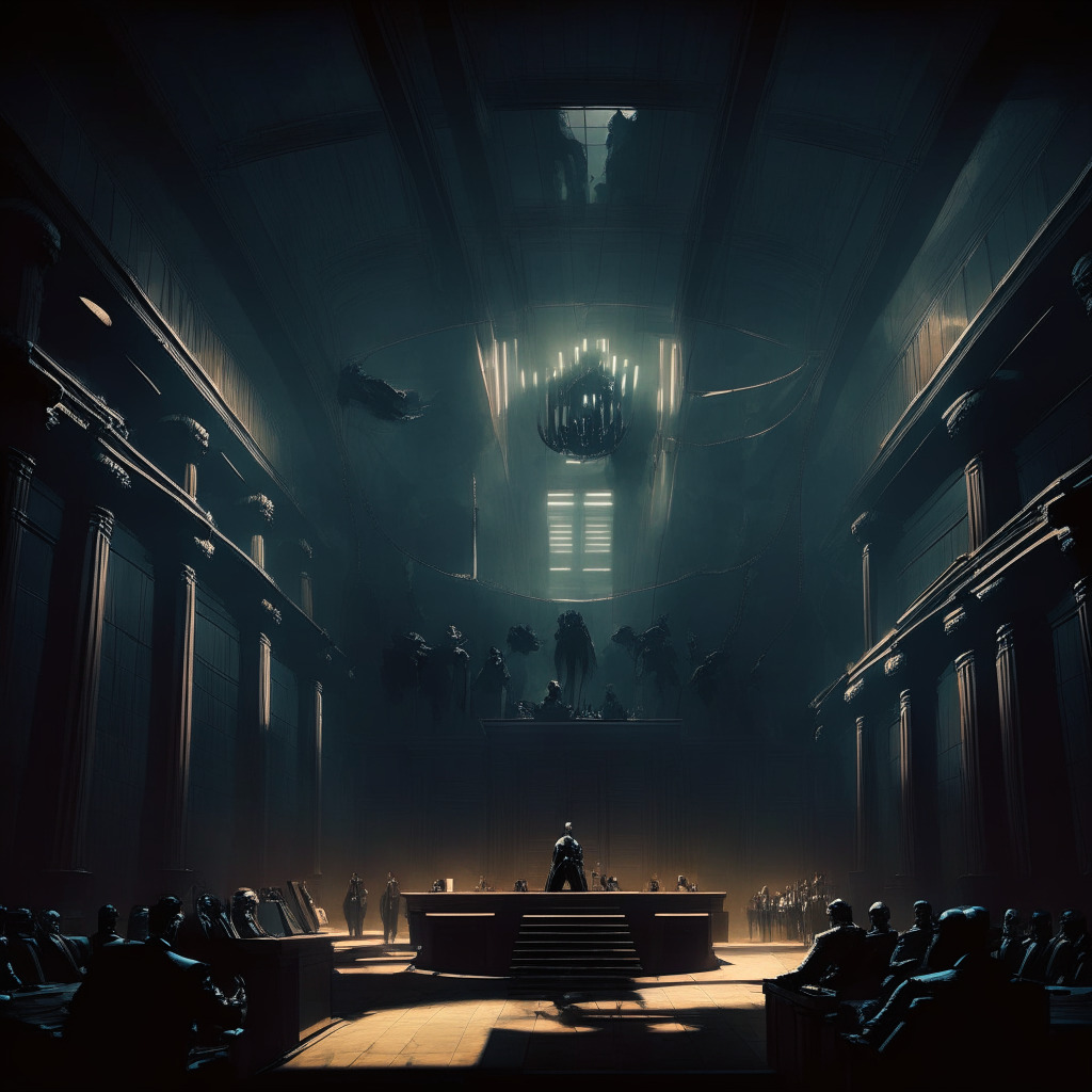 A dark and moody courtroom, filled with intense dramatic lighting. In the foreground, a massive machine embodying artificial intelligence is on trial, depicted allegorically as a 'defendant'. Surrounding it, human figures representing politicians, voters, and regulators in a heated debate, all under an imposing 'tug-of-war' mural on the ceiling representing technology and democracy at battle. Style: Neo-Baroque.