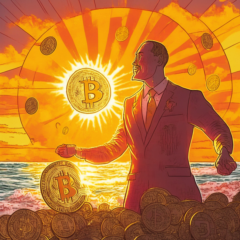 A political figure endorsing Bitcoin for compensation, mysterious Cayman Islands bathed in the warm golden light of sunset, signaling Bitcoin-backed real estate possibilities. A chaotic currency market in vivid expressionistic style, depicting the volatility of crypto. A collection of enticing, glowing coins indicating the potential of emerging cryptocurrencies. Mood: Adventurous, insightful, with a hint of risk.