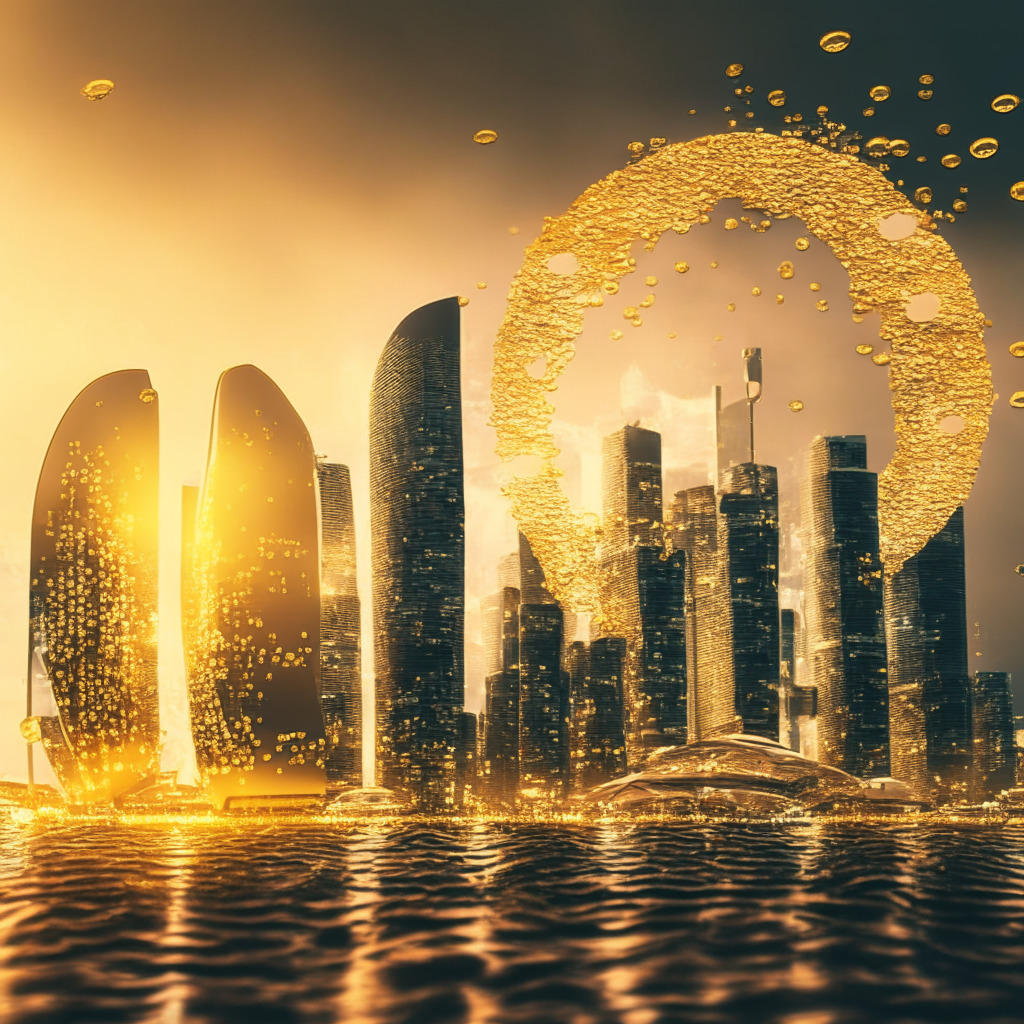 A panoramic view of futuristic Singapore skyline at dusk, golden hues splashed across the cloudy sky. A prominent building beams with the symbolic seal of Monetary Authority of Singapore resonating a confident authority. Scattered around, transparent, floaty bubbles each represent stablecoins, mirroring the blend of digital and real-world economy. G10 currencies weave through with an artistic, fluid motion symbolizing the interconnectivity. A juxtaposition of gloomy and bright lights illuminates the scene, projecting a transformative, cautious yet optimistic mood.