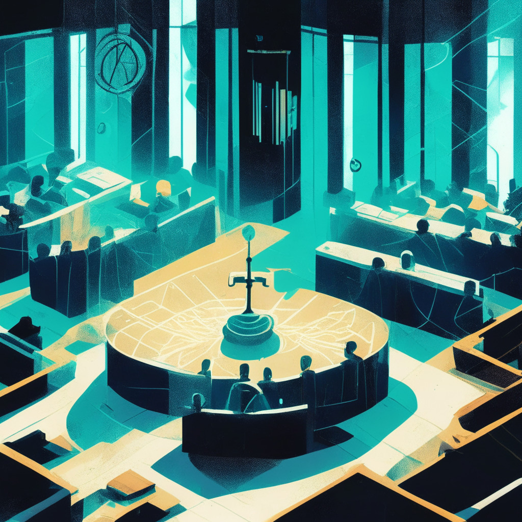 Depict a courtroom setting in an abstract style. Light cascades from overhead onto a judge dismissing paperwork, symbolizing the incomplete regulatory status of cryptocurrency. Use of muted, cool colors to reflect the uncertainty and confusion prevalent in the scene. In the backdrop, hint at a network symbolizing the troubled Celsius Network. A looming question mark subtly representing the skepticism and anticipation for future legal proceedings.