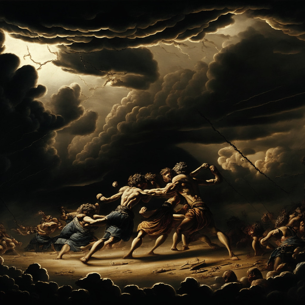 An intense scene depicting a strategic tug-of-war contest, stylized in the manner of a fierce Renaissance painting, highlighted by a dramatic chiaroscuro lighting. One side represents crypto market actors under a stormy sky, pulling with grim determination, while the other symbolizes a nuanced representation of robust and ambiguous regulations basking in the faint glow of impending sunrise. This evokes a mood of tension and precarious balance, reflecting the challenges afoot in the crypto landscape.