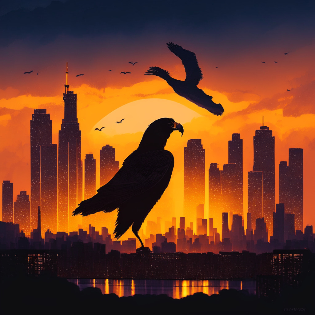 Dramatic twilight over a futuristic Toronto skyline, stark silhouettes of financial institutions, warm golden lighting illuminating a fluctuating crypto chart. A majestic hawk (symbolizing WonderFi) rising above, smaller birds (representing small platforms) struggle in the distance. A mood of optimism meets adversity, in an impressionistic style.
