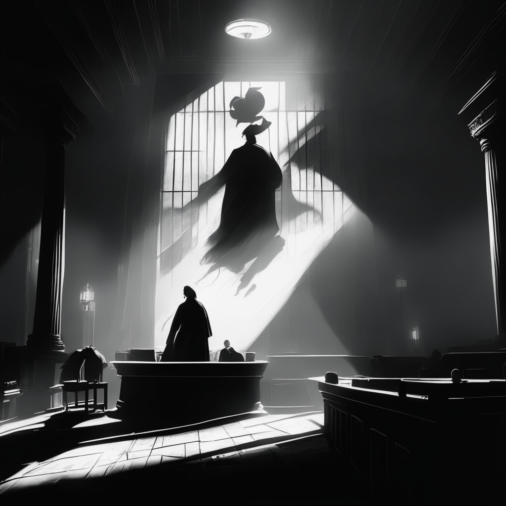 An atmospheric courtroom scene, dramatic lighting casting long, foreboding shadows, with a prominent symbol of the scales of justice, foregrounded by an abstract, ghostly representation of a cryptocurrency, evocative of a tumultuous, storm-like atmosphere. The overall palette should be an austere monochrome, emphasizing somber hues and tones to emphasize the gravity of the regulatory interrogation theme, infused with echoes of film noir to enhance a notion of mystery, sudden legal dissolution, and rising regulatory scrutiny.