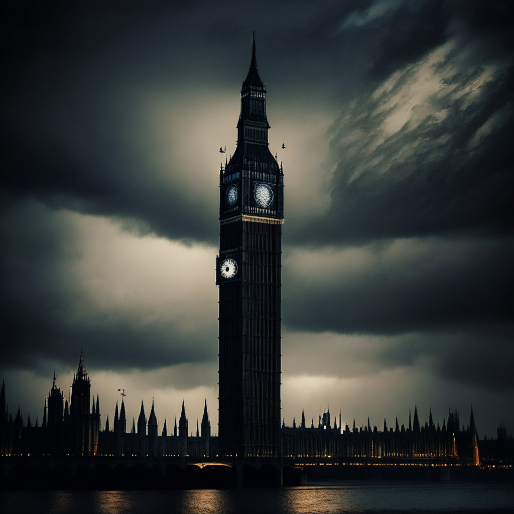 A dusky London skyline, iconic Big Ben looming dimly in the background. Cryptocurrencies and NFTs, personified as ethereal, glowing entities, balance precarious on a tightrope stretched taut between two towering buildings. The approaching storm in the darkened skies embodies the mood of unease, potential change, and uncertainty, while the last rays of a setting sun illuminifies the glimmer of hope in the crypto-entities' eyes. The art style is reminiscent of a surreal, atmospheric painting.