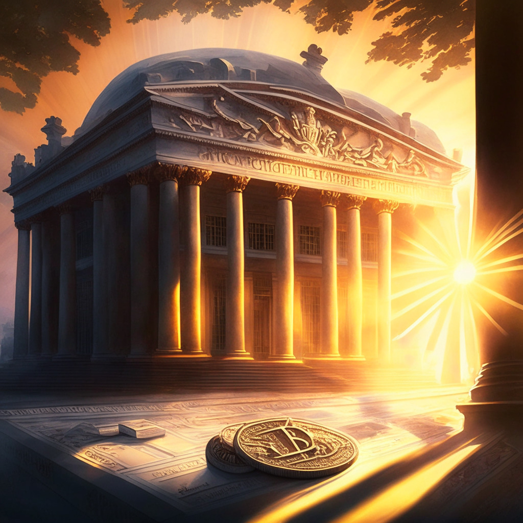 An intricately detailed, painterly styled image depicting the Bank of England in an early morning light. Rays of dawn bring a hopeful mood, symbolizing changes. Nearby, an interpretive emblem of stablecoins glows brightly, reflecting the bank's focus. Regulatory documents adorn a table, symbolizing new frameworks. The environment is wrapped in a serene harmony symbolizing seamless cooperation and innovation.