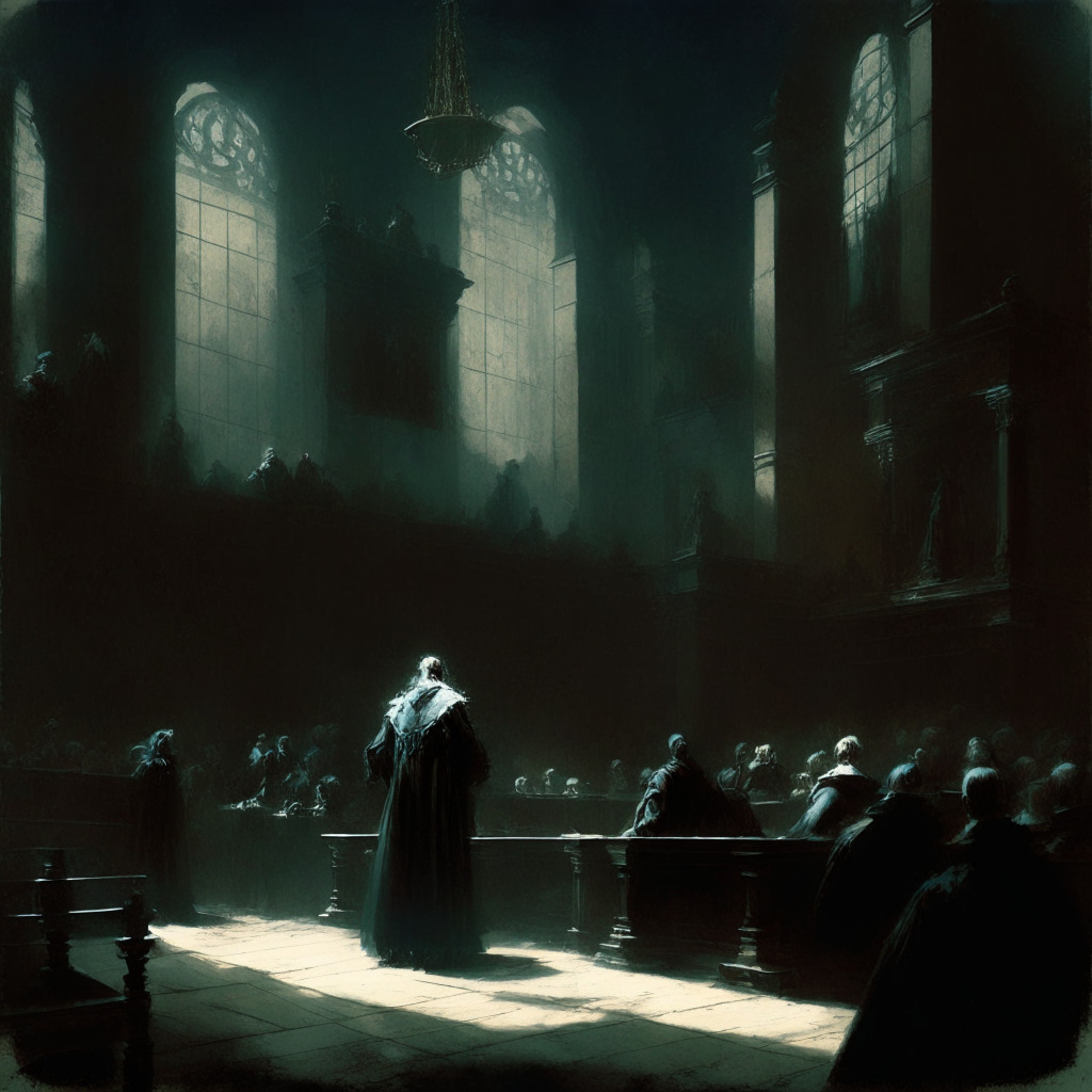 Dark courtroom, walls adorned with scales of justice, seats filled with intrigued spectators, a figure detained in the witness stand. A selectively illuminated 'Crypto King', weighed down by chains of responsibility. Hint of a chaotic outside world through gothic-style frosted windows. A cloak of uncertainty hangs over scene, in a Turner-esque mood of tumultuous change, the tension palpable.