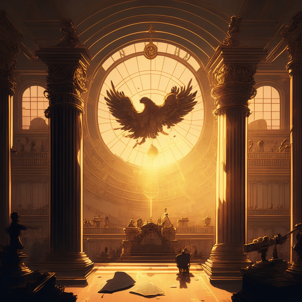 Gloomy sunset bathing an ornate courtroom, neoclassical style, in golden hues. A symbolic giant magnifying glass scrutinizing a gleaming, digital key marked 'Founder's Key.' Resolute SEC officials on one side, agile digital keys with wings evading capture on the other. A weighty atmosphere pervades, conveying the crucial intersection of technology, ethics, and regulation.