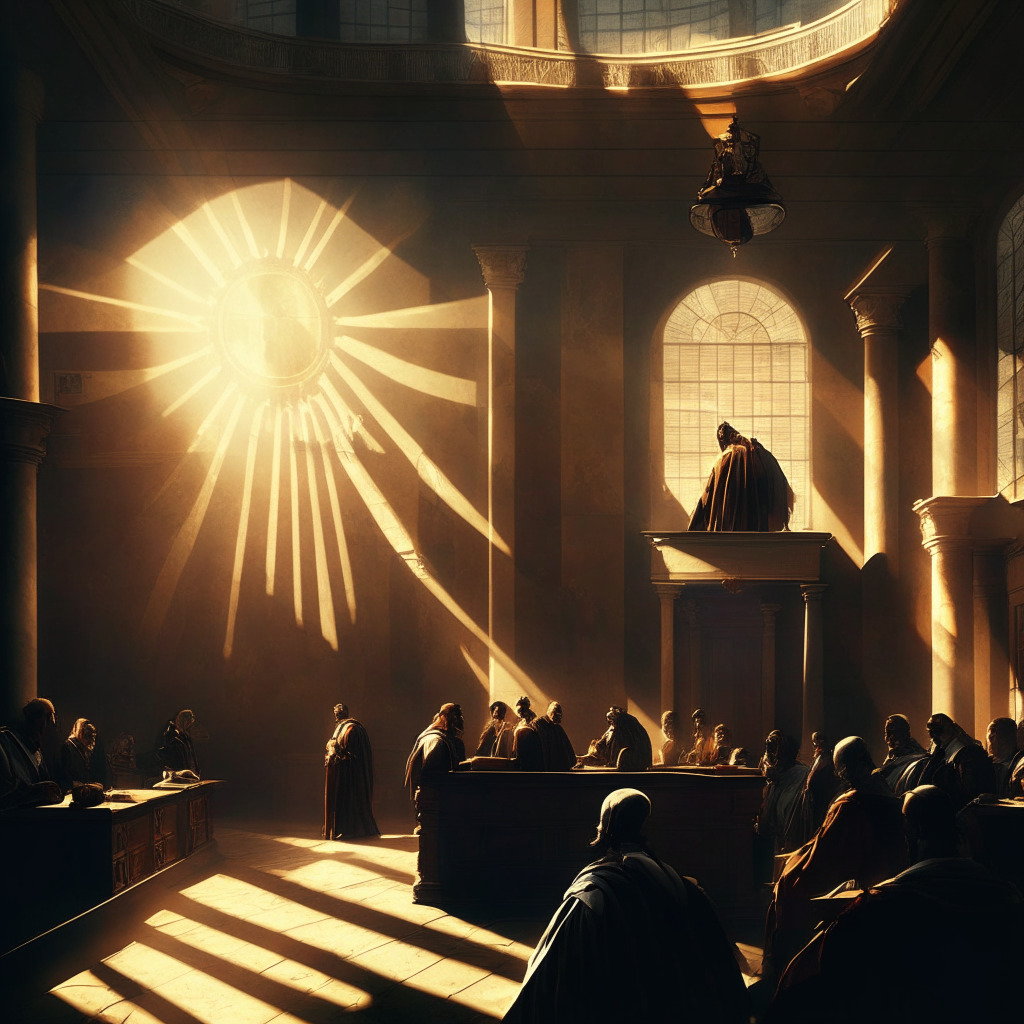 Dramatic courtroom scene in a Renaissance painting style, a mix of warm and cool light giving it a chiaroscuro effect. A judge, representing regulatory authority, locking eyes with a physical representation of a Ripple token. Rays of rising or setting sunlight, hinting uncertainty, pour through tall windows onto a mosaic floor showing glimpses of blockchain, hinting at technological innovation. Mood of the scene is tense yet intriguing.