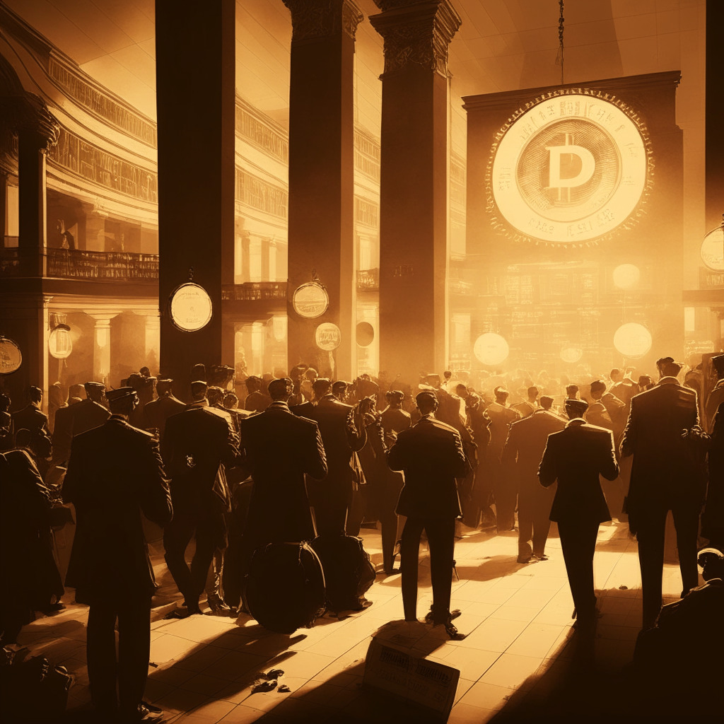 A sepia-toned, vintage style scene of a traditional stock exchange floor bustling with brokers, with the twist of digital elements like Bitcoin and Ether icons, lit with the soft glow of dawn symbolizing a new era. The mood is hopeful yet intense, capturing the delicate balancing act between regulation, innovation, and consumer protection in crypto futures trading.