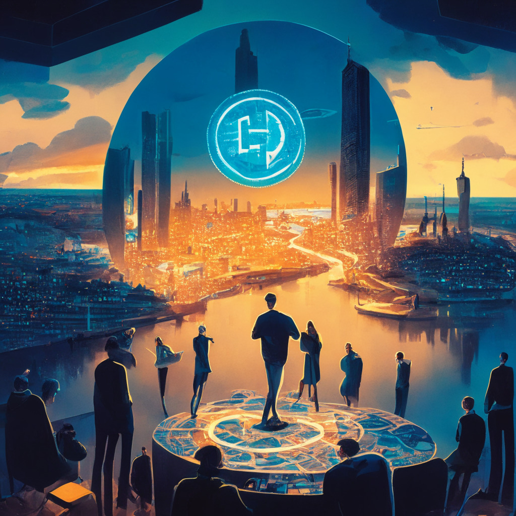 A dusk-lit cityscape overlooking a blockchain, a giant digital euro coin hovering over a pan-European map, People in the foreground querying a hi-tech device signalling privacy issues, a stylized balancing scale in mid-air representing regulation and innovation, overall painting a mood of tension but with hope for harmony.