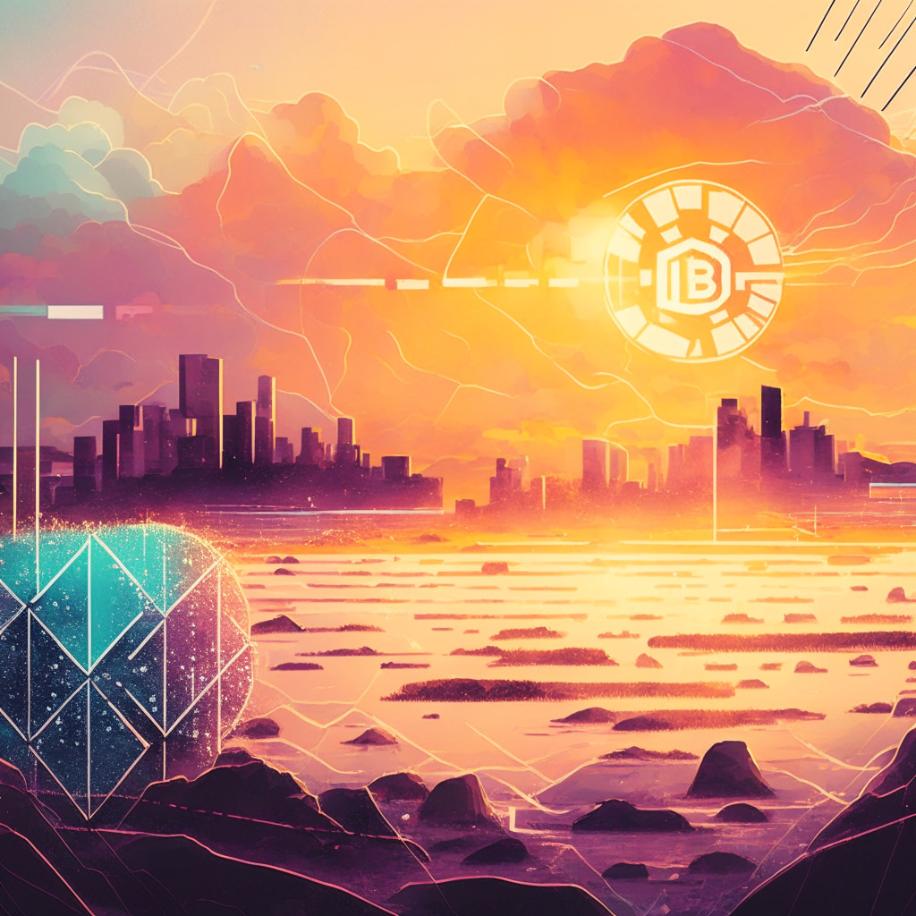 A vision of the fluctuating landscape of blockchain projects, dominantly featuring Near Protocol's icon emerging resiliently from a downturn, bathed in gentle sunrise hues, a hopeful glimmer in a financial storm. The image is vivid with signs of bullish divergence, minor bearish undertones simmer below. A horizon of technological advancement lies in the distance, symbolizing AI-driven analytics. The mood is cautiously optimistic, tinged with the thrill of the unknown.