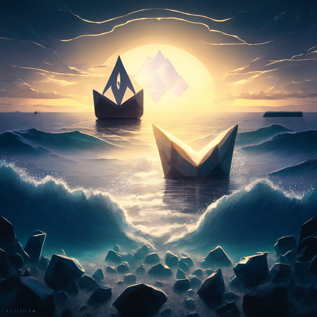 An intricate, digital-art style visualization of a calm sea at dawn, reflecting Ethereum's symbol. The scene communicates a mood of quiet resilience and cautious optimism amidst faint turbulence. The foreground spotlights an overflowing treasure chest, symbolizing Ethereum's undervalued potential, while the horizon line has a looming rally of ships, foreshadowing a surge. A distant island represents emerging altcoins, cast in the warm light of a rising sun.