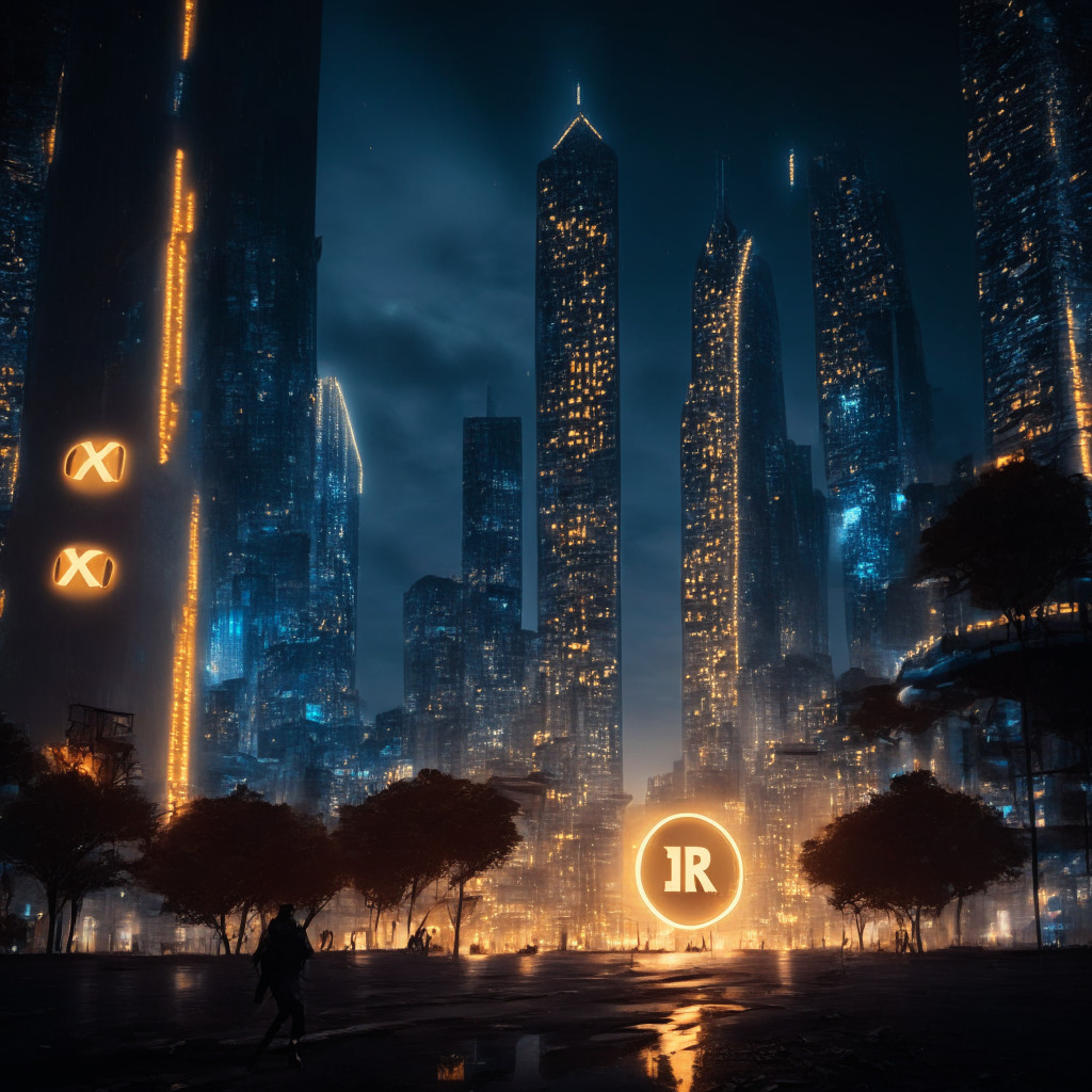A near-future scene in a bustling futuristic city center, bathed in the soft, dusky hues of approaching twilight symbolizing uncertainty. Tall towers of light, energy, and data symbolizing the cryptocurrency market and a glowing coin branded as XRP20, poised to surge, radiating a warm, golden glow. In the background, a large screen displays a declining line of Bitcoin symbolizing its price decline amidst the market's silhouette. A small, fiery spark denotes the burn event, with wisps of smoke, visualizing the reduction in token supply. A crowd observes in anticipation, signifying the investor's interest. The mood should be tense, emanating suspense and mystery, demonstrating the uncertainty and high stakes of the cryptocurrency market.