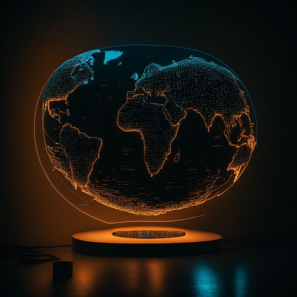 An illuminated digital globe on a minimalist workspace, with layers of intricate, swirling data streams symbolizing the network's hash rate. The globe gives off a soft, warm glow, highlighting the geographical distribution of Bitcoin mining. Dark background with vivid visualizations, evoking the mystery and complexities of Bitcoin's environmental impact. Artistic style: modern minimalism with a hint of neon noir. Mood: contemplative, profound.