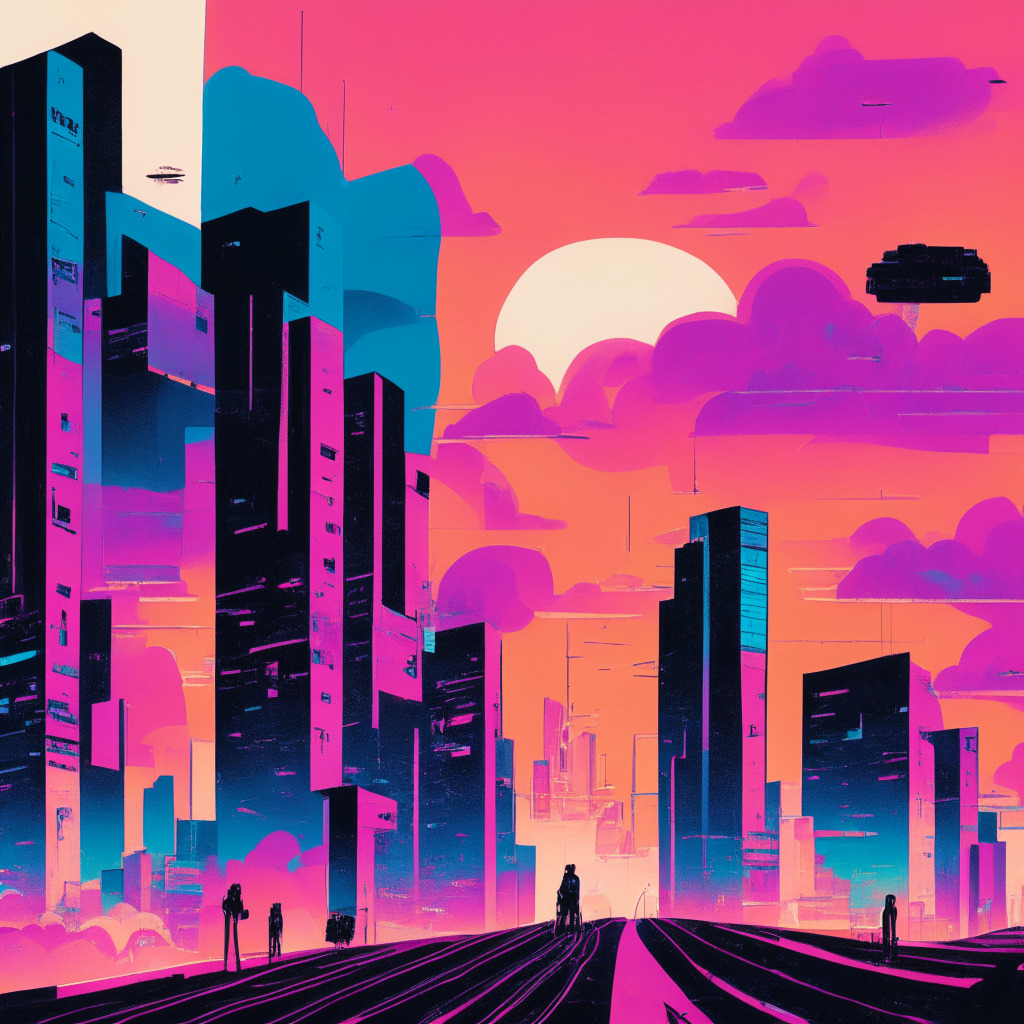 Dusk settling over a digital cityscape dominated by partially colored schematic buildings, a halted conveyor belt representing the halting of crypto services, symbolizing paused progress. Abstract faceless figures in the foreground, expressing uncertainty, under a heavy, cotton candy colored sky lends a mood of tension. Pontilism art style, creating a visual metaphor for market fragmentation.