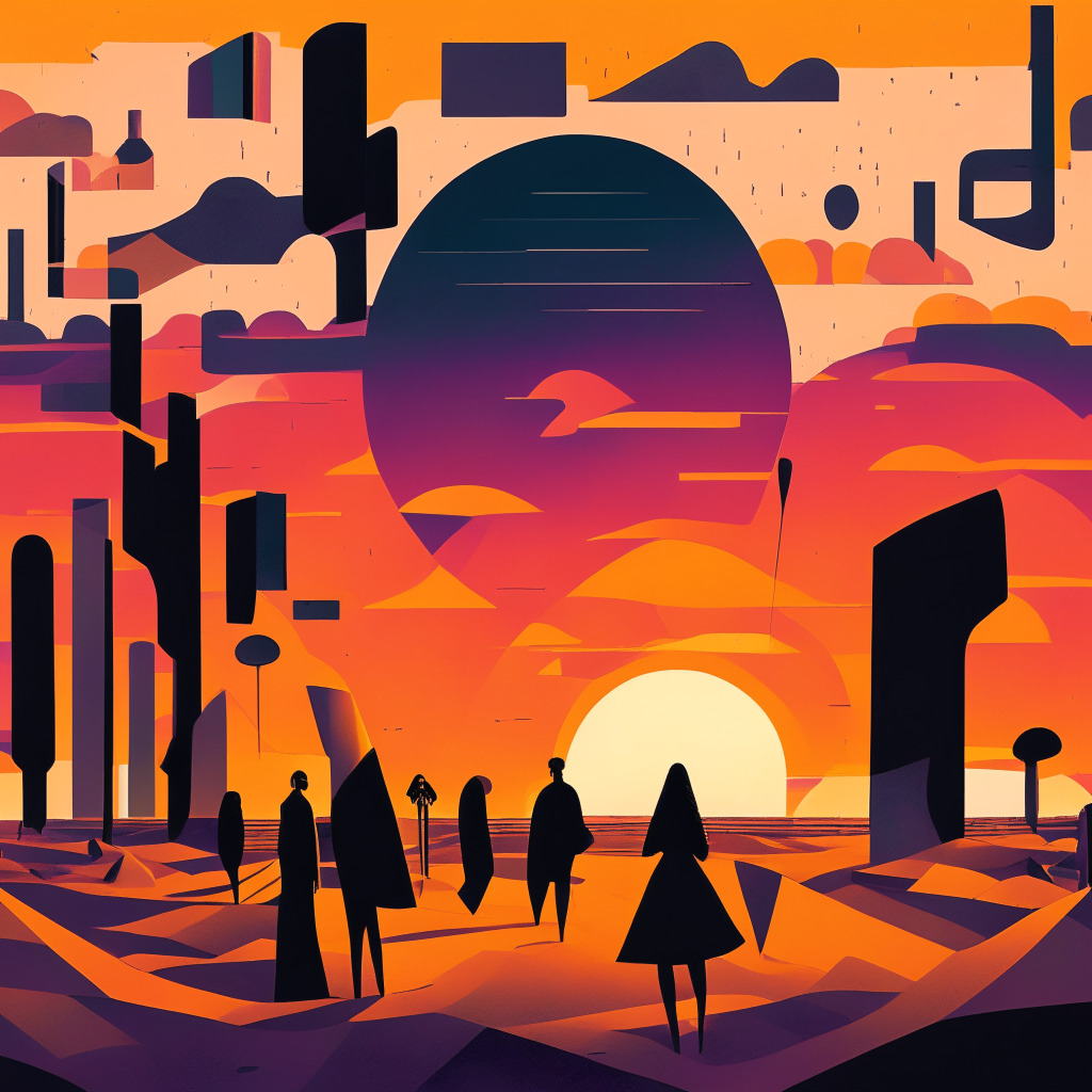 A somber, digital banking landscape at sunset, an abstract representation of Revolut receding in the distance while customers stand confused. In the foreground, ambiguous shapes symbolize cryptocurrency forms becoming intangible, painted in American Regionalist style to pinpoint the U.S. focus. The overall mood echoes uncertainty and impending transformation.