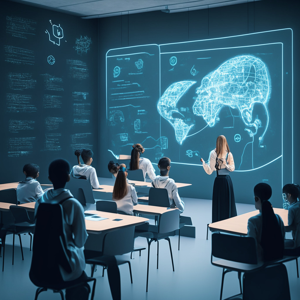 Futuristic digital classroom infused with blockchain and AI elements under a neutral light setting. A centered, tangible depiction of an NFT, surrounded by educators and students interacting with a virtual educational game. The AI discreetly emerging from a chalkboard, reflective of its integral role. The mood is innovatively hopeful yet contemplative, hinting towards a profound change in education.