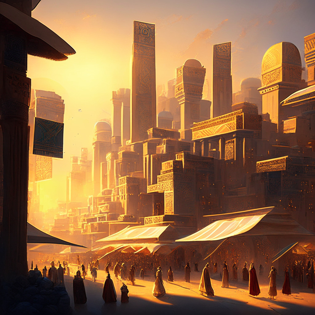 Ancient Sumer civilization with bustling marketplaces, exchanging tokens symbolizing credit. Transition into a modern-day cityscape with a futuristic digital touch, signifying tokenized assets, enveloping buildings, and markets, embodying the progressive leap from ancient credit systems to blockchain. Presented in a Neo-Futurist style, the setting is lit by a luminous, hopeful sunrise, capturing the spirit of innovation and the dawn of new economic viability. The mood ebbs the tune of optimism but with a cautious undercurrent, reflecting the potential opportunities and challenges of asset tokenization.