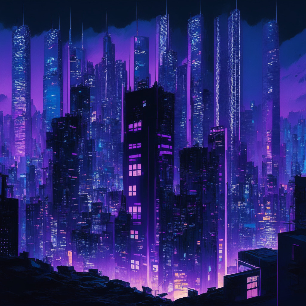 A lively Hong Kong cityscape during twilight, glowing with the vibrant luminosity of a bustling financial district. Mid-ground, a modern vitruvian style building symbolizing HashKey appears, its panels subtly morphing into binary, a nod to crypto. The ambiance is optimistic yet challenging, the moody sky in purples and blues reflecting the complex regulatory atmosphere.