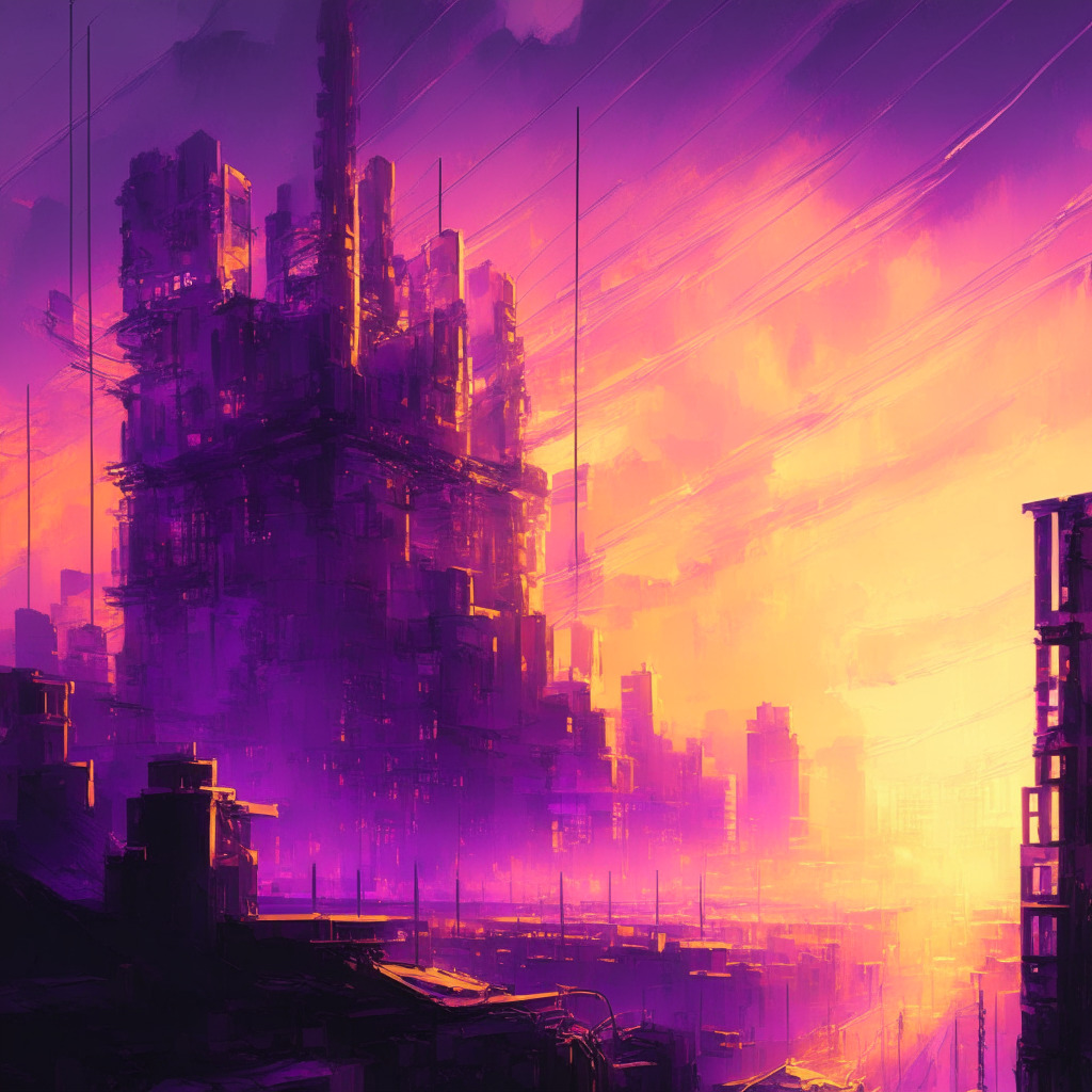 An impressionistic cityscape at sunset capturing an industrial revolution, AI and blockchain elements intertwined, AI as light streaks pulsating with knowledge, and blockchain as interconnected golden threads swerving throughout buildings. Sky purple with a hopeful yet complex mood.