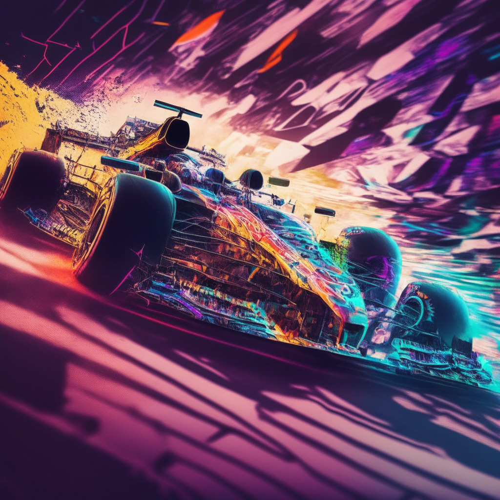 High intensity F1 race scene, dusk lighting casting long dramatic shadows, racing car roaring across the finish line, the beautiful intricate patterns of vibrant NFT designs adorning its body like tribal warriors in battle paint, a screen displaying cryptocurrency data and symbols blurred in the background, an atmosphere of thrilling suspense and radical innovation.