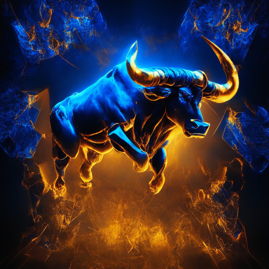 A surrealistic image of a fierce, fiery bull symbolizing RUNE's meteoric rise in a dimension that signifies the digital realm of cryptocurrency. The hues are dominated by striking gold and deep royal blue to reflect opulence and risk. High contrast lighting to cast dramatic shadows, giving away the vibe of the monstrous rally surging against dim chances. The mood is thrilling and tense, highlighting the uncertainty of investments in this volatile sphere.