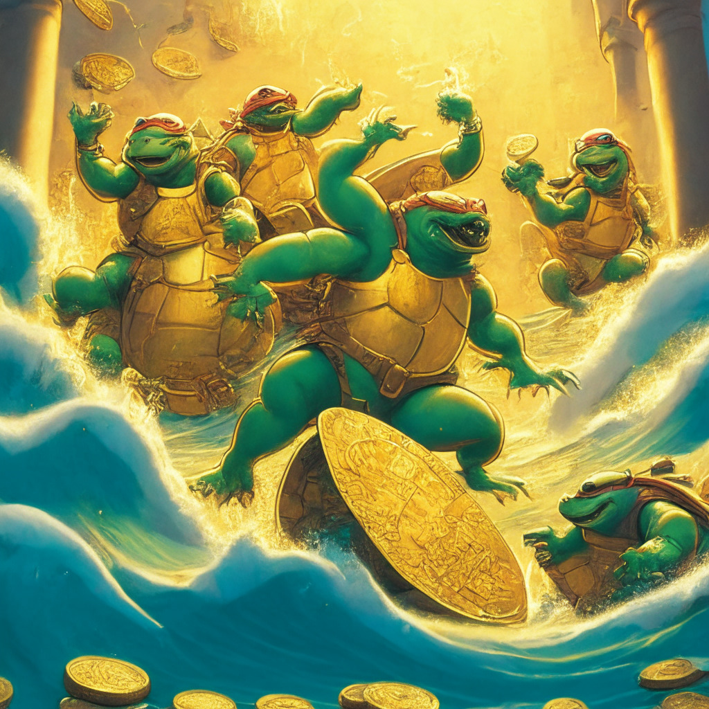 A Renaissance-style painting of the Teenage Mutant Ninja Turtles surfing on a colossal wave of coins under a golden glow, symbolizing the rise of the Cowabunga Coin. Mood is exhilarating and hopeful. The scene is animated with a bustling crypto market in the background, marking the coin's success.