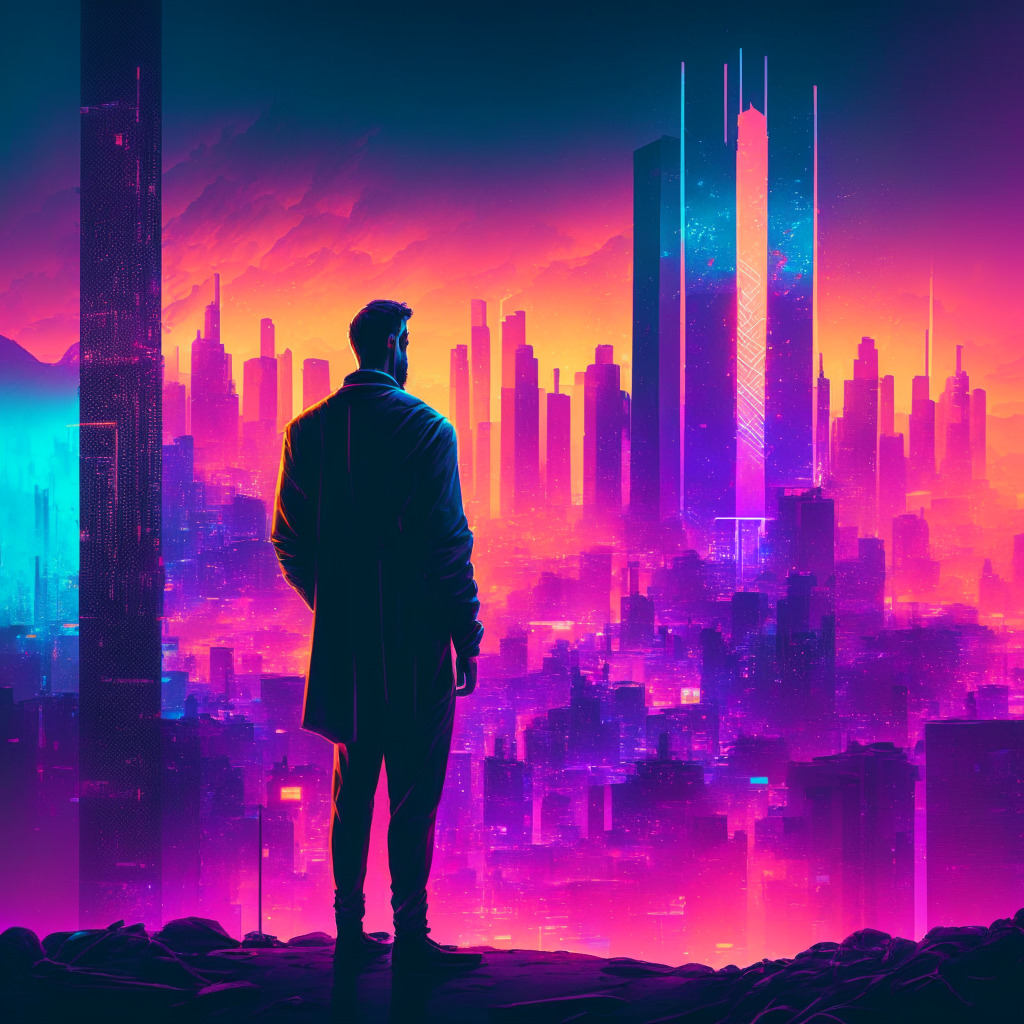 Visionary man standing at the edge of a neon-lit, digital cityscape, staring at a futurist blockchain inspired by Indian elements. Twilight sky indicating transition and uncertainty, bustling city vibrant with anticipation, yet a sense of cautiousness. Mood: Emergent yet risky digital dawn.