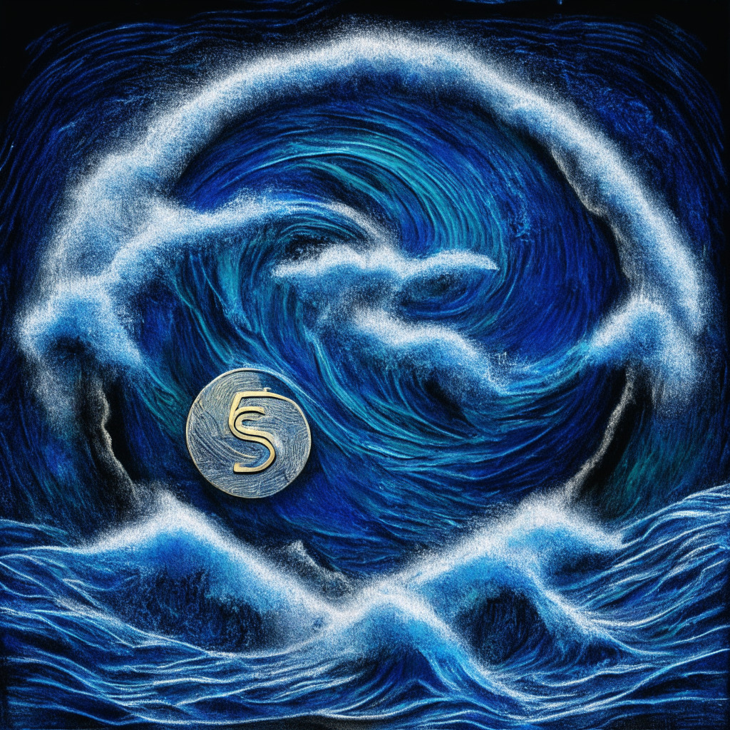 A stormy sea reflecting Ethereum Classic's struggle, waves crashing around a solitary waning silver coin, indicating market volatility. In contrast, Sonik Coin as a dynamic, glowing coin, powered by a trail of electrifying sonic blue energy, suggesting swift growth and a bold market entry. Add an aesthetic reminiscent of Van Gogh's Starry Night, with turbulent yet hypnotic swirls, intensifying the mood of drama.