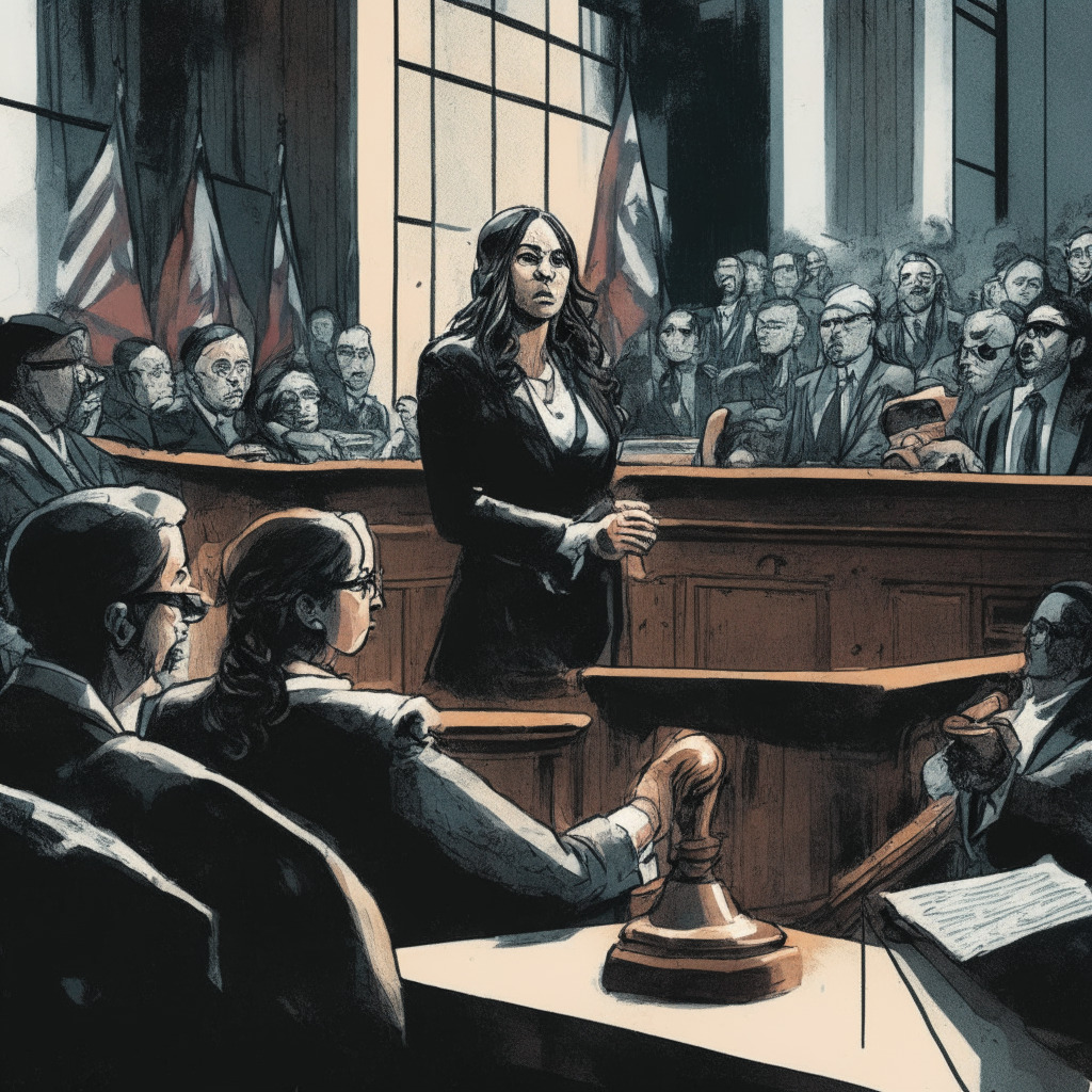 Detailed court scene, Judge Analisa Torres at the center, hammer raised high signifying judgement. Ripple's lawyers in the backdrop protesting against SEC's appeal, stern faces, showing defiance. Light filtering from the courtroom windows depicting the intense atmosphere. Style: Realist. Mood: Intense, dramatic. In distance, an abstract symbol of a kraken thriving on a map of Canada, highlighting resilience.