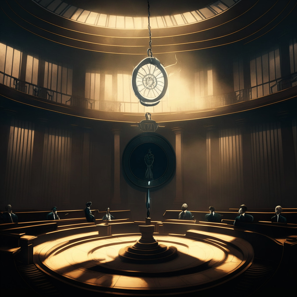 Dramatic courtroom with Ripple Labs and SEC standing on opposite sides, highlighted in low, suspenseful lighting. Ripple Labs side, lit by a soft, hopeful glow, SEC side cast in shadow. In the center, an XRP coin swinging like a pendulum, symbolizing the oscillating value. Art style: Renaissance-inspired realist symbolism, Mood: Uneasiness, uncertainty, anticipation.