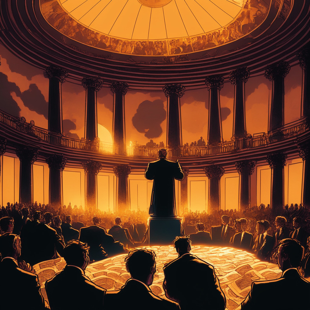 In a grand courtroom, Ripple CEO and lawyer discoursing animatedly under a gilt, neoclassical dome, glowing under creeping sunset hues, everyone's faces painted in intense, deep shades of speculation. Deftly distributed across the scene are stacks of crypto coins, reminiscent of a chilling, immediate reality. An ambient setting, encapsulating the gravity of cryptocurrency intricacies and regulations. Impending night symbolising ambiguity and desire for clarity.