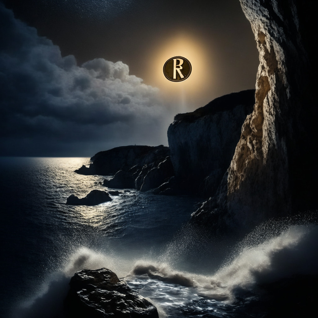 Dramatic scene of a large silver coin (representing XRP) tumbling down a steep cliff, into a lonesomely dark and gloomy ocean. A small bright gold coin (representing XRP20) launching upwards from a catapult on a near cliff, under an early dawn sky giving it a heavenly glow. The picture should exude an atmosphere of risk, change, and potential growth.