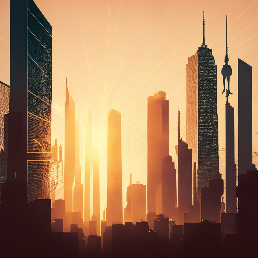 A sunrise over a bustling metropolis, a hint of vintage in the style, shadows dancing on skyscrapers showcasing a digital era. AI symbols scattered artistically, embodying its integration in the corporate world. In the distance, job market balancing scales, hinting economic fluctuations. Light subtly shifting from early dawn to broad daylight, embodying evolving AI implementation in firms, setting a thoughtful mood.