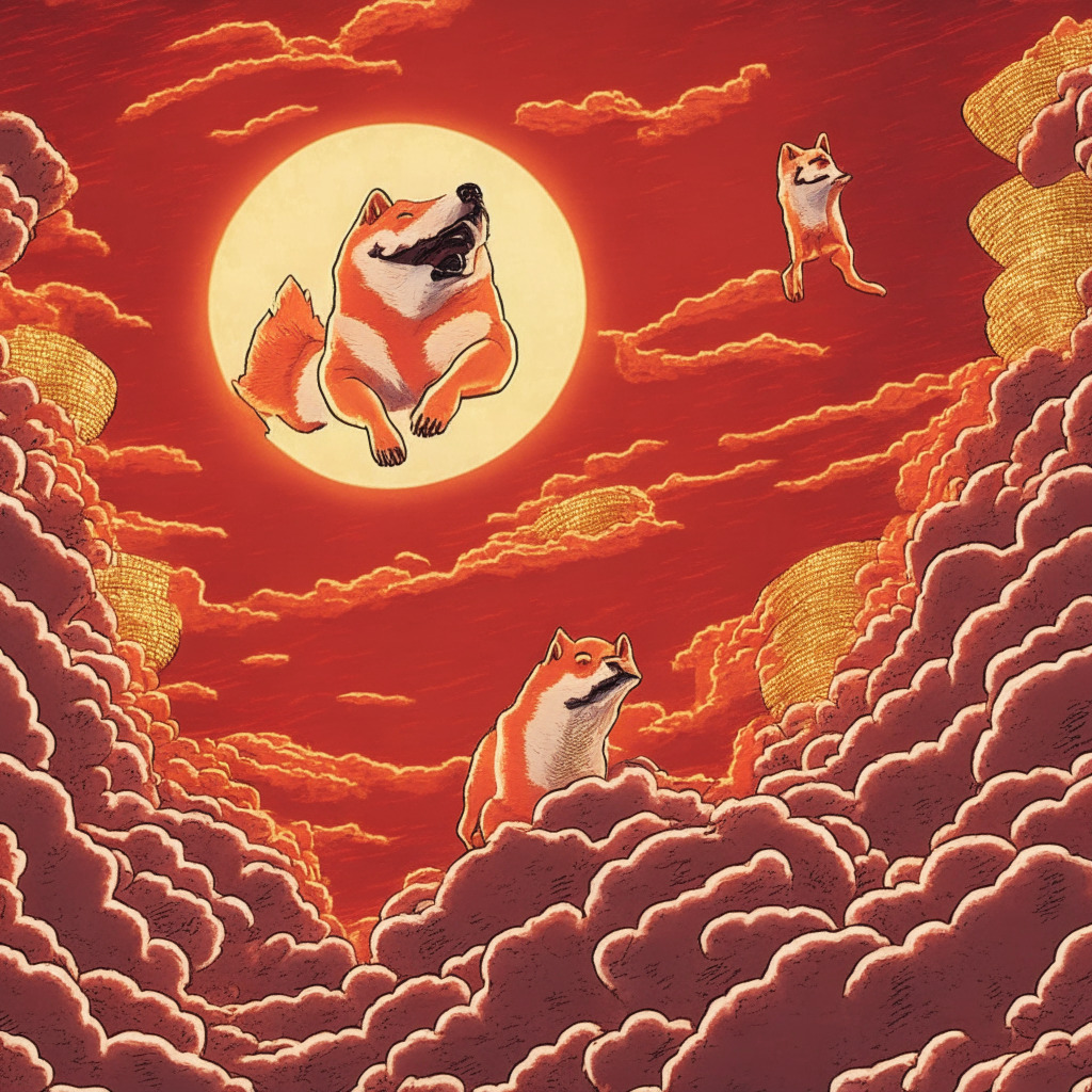 A depiction of two dominant meme coins, Shiba Inu and Pepe, ascending high above a sea of red-tinted cryptos, capturing an atmosphere of anticipation and scepticism. Provoked by the delay of SEC's ETF decision. It’s at dusk, emulating a suspenseful mood as a foreshadow of the approaching Altcoin Season. The art style should fall within the realms of Surrealism, emphasizing the tangible dreamscape of the virtual crypto market.