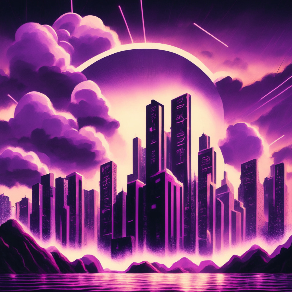 An abstract Art Deco skyline at dusk, vibrant currencies rising like skyscrapers against a magenta sky. An XRP coin shines brightly, anchoring the scene, symbolizing its market surge and popularity. Ripples spread from it, casting soft pastel lights, conveying a sense of growing influence. A subtle undertone of volatility pervades through ominous clouds gathering at the edge of the scene.