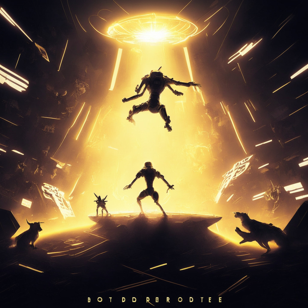 Depict a cyberspace battlefield, intense, dark yet filled with thrilling excitement. Centre spotlight onto a symbolic underdog figure ascending, Borroe ($ROE). In the backdrop, portray the skittish figures of Dogecoin and Solana recovering, mirroring the recent market shake. Illuminate the scene with focused light rays that evoke a futuristic atmosphere amidst the rising tension. Artistic touches of neo-cubism, lending an edge of unpredictability and change to the scene.