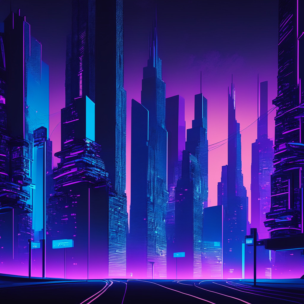 An immersive cityscape at dusk lit in neon blues and purples signalling intrigue and uncertainty. Mighty skyscrapers represent traditional financial institutions, subtly shifting toward a radiant visual representation of crypto derivatives. Looming shadows hint the decreased liquidity in spot markets, while vibrant futuristic expressways filled with traffic serve as a metaphor for burgeoning institutional adoption. Surging lines of light illustrate derivatives volumes on the rise.