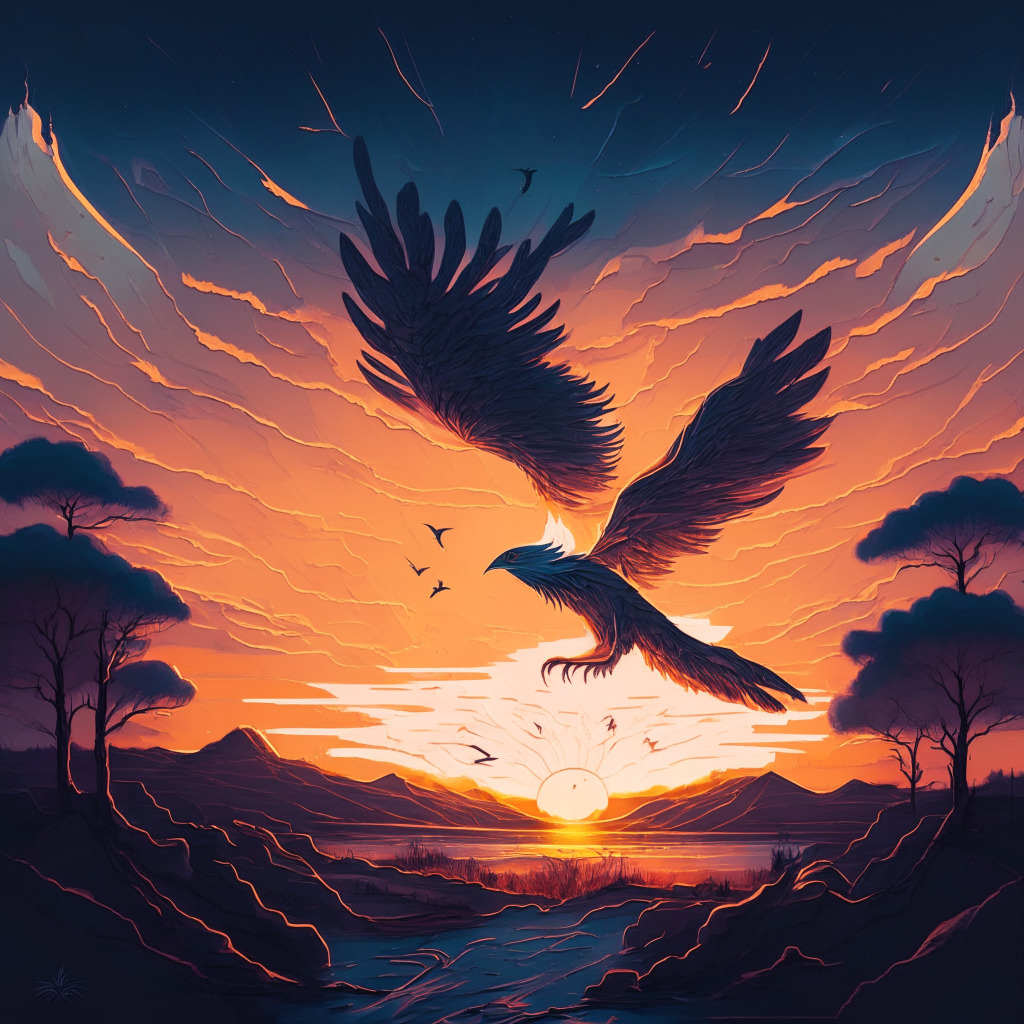A digital Phoenix rising, representing XRP's resurgence, bathed in a warm, hopeful dawn light. The bird flies over a mixed landscape showing recent rough conditions and a progressive road ahead. Moonlight portrays emerging altcoins like a budding tree – young, promising, full of potential. Muted, calming palette for a hopeful but cautious mood.