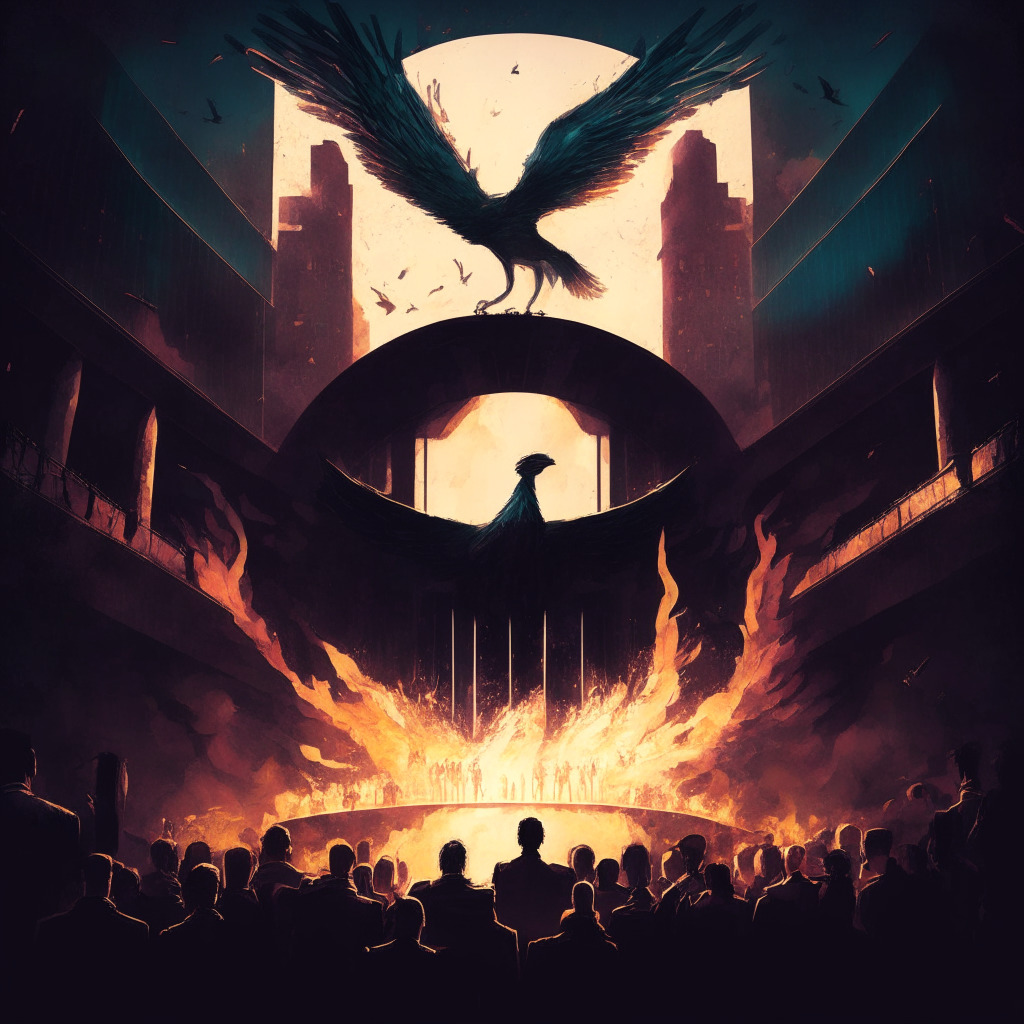 A phoenix rising from the ashes in a dimly lit setting to present a blend of hope and uncertainty, a sprawling financial bridge connecting two separate platforms represented by futuristic buildings, intricate token-like coins pouring into three distinct bowls, a crowd of faceless investors watching the scene unfold with mixed expressions of skepticism and fascination, a muted color palette hinting sense of realism, and a subtly tense mood.