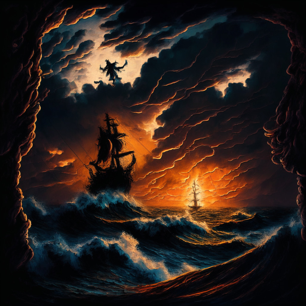 A chiaroscuro digital painting in Baroque style depicting a symbolic, turbulent sea under a fiery dusk sky. A lone figure is seen in the middle, negotiating a precarious tightrope above ominous waves, representing the precarious state of DeFi and the risk taken by its major players. In the distance, darkened silhouettes of prominent figures loom. The mood of the image is dramatic, melancholy, yet filled with suspense.