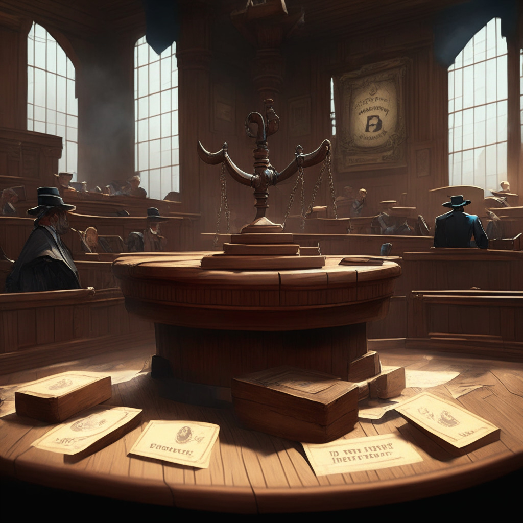 A 19th century Wild West courtroom, filled with tense potential investors. At the forefront, a large wooden gavel symbolizing the ASIC and a pair of dice representing eToro. The dice sit on a stack of paper contracts (CFDs), teetering precariously. Cryptocurrencies hover like spirits in the air, while an ominous storm brews outside the courthouse, casting gloomy shadows. Artistic style: Hopperesque realism.