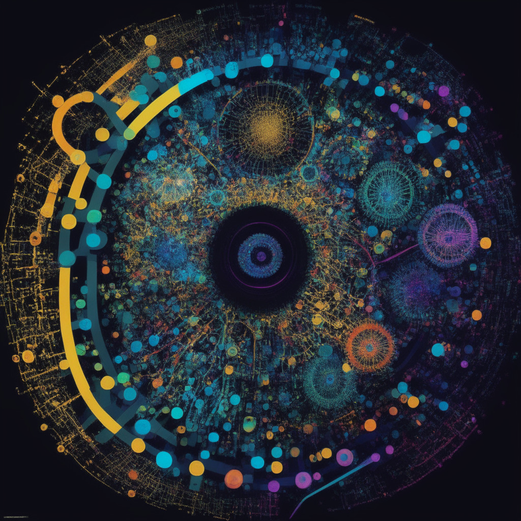 An abstract depiction of the evolution from Web2 to Web3, vibrant contrasts between centralized and decentralized systems symbolized by a massive wheel with spokes transitioning into interconnected nodes, subdued lights highlighting the data privacy issues, the mood is a potent mix of apprehension and determination, executed in a modern impressionistic style.
