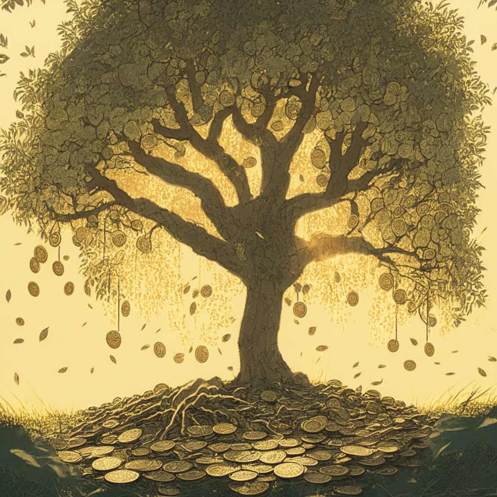 Late afternoon sun illuminating a flourishing tree, symbolizing Robinhood's profitability, standing amidst wilting plants, representing shrinking revenues. Astonishingly, on the ground beneath the tree, a pile of coins gently cascades down, staging declining crypto revenue. The art-style should be semi-realistic, in muted tones, with a contemplative and somber mood.