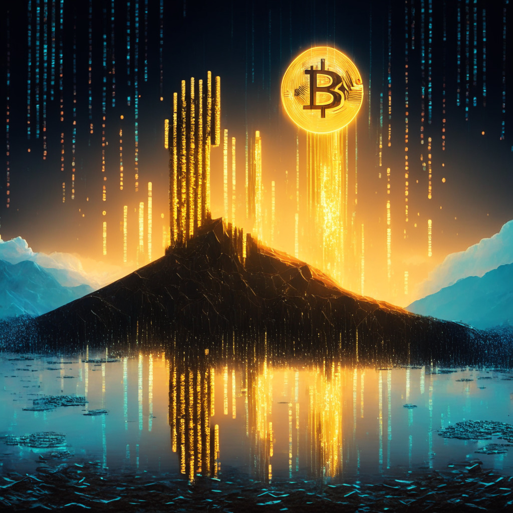 An abstract depiction of a digital landscape, featuring a towering monolith made of glowing Bitcoin symbols, symbolizing Robinhood's $3B Bitcoin stake. Iridescent binary code rain flows from a mysterious sky, further accentuating Robinhood's presence in the crypto arena. The scene is cast in a golden early dawn light, all bathed in a soft glow indicating the fresh start of this crypto realm. The atmosphere is filled with the suspense and risk associated with such a significant move. Please bring out the intriguing and ethereal nature of the cryptocurrency world in a neo-futuristic art style.