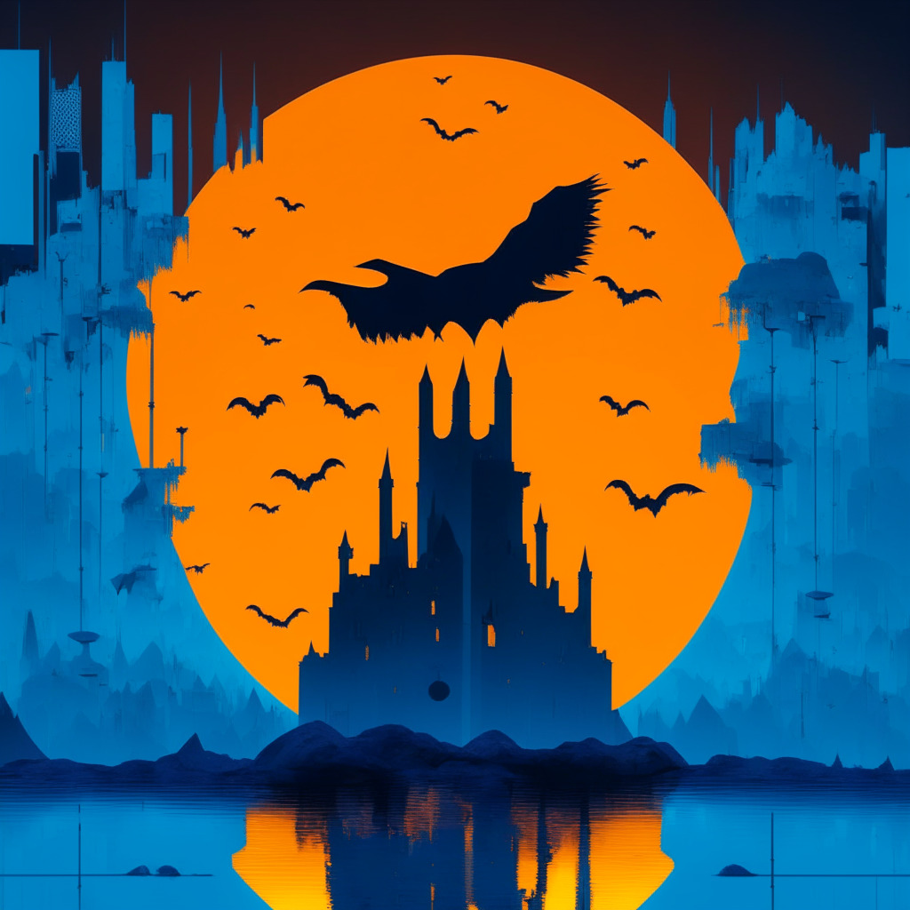 Dusk-lit abstract financial landscape merging traditional trading and cryptocurrency worlds, featuring a silhouette of a gigantic robin perched on an Ethereum symbol, towering over a shrinking digital castle representing Binance. Color palette ideally involves cool blues and warm oranges, a mix of photorealism for the robin and selective desaturation for Binance. Mood should be tense yet hopeful, portraying the shifting power dynamics in the crypto universe.