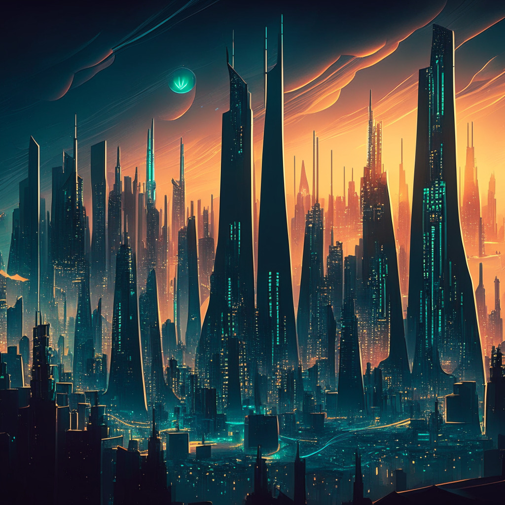 A sprawling fantasy cityscape at dusk, featuring towering modern architectural structures, symbolizing Robinhood's Ethereum holdings. Illuminated Ethereum symbols glow amidst city skyline, three larger-than-life structures dominated by others, indicating peer wallets. The city's citizens: various cryptocurrency icons, embodying the DeFi space. Mood: A sense of grandeur tinged with challenges and future uncertainties.