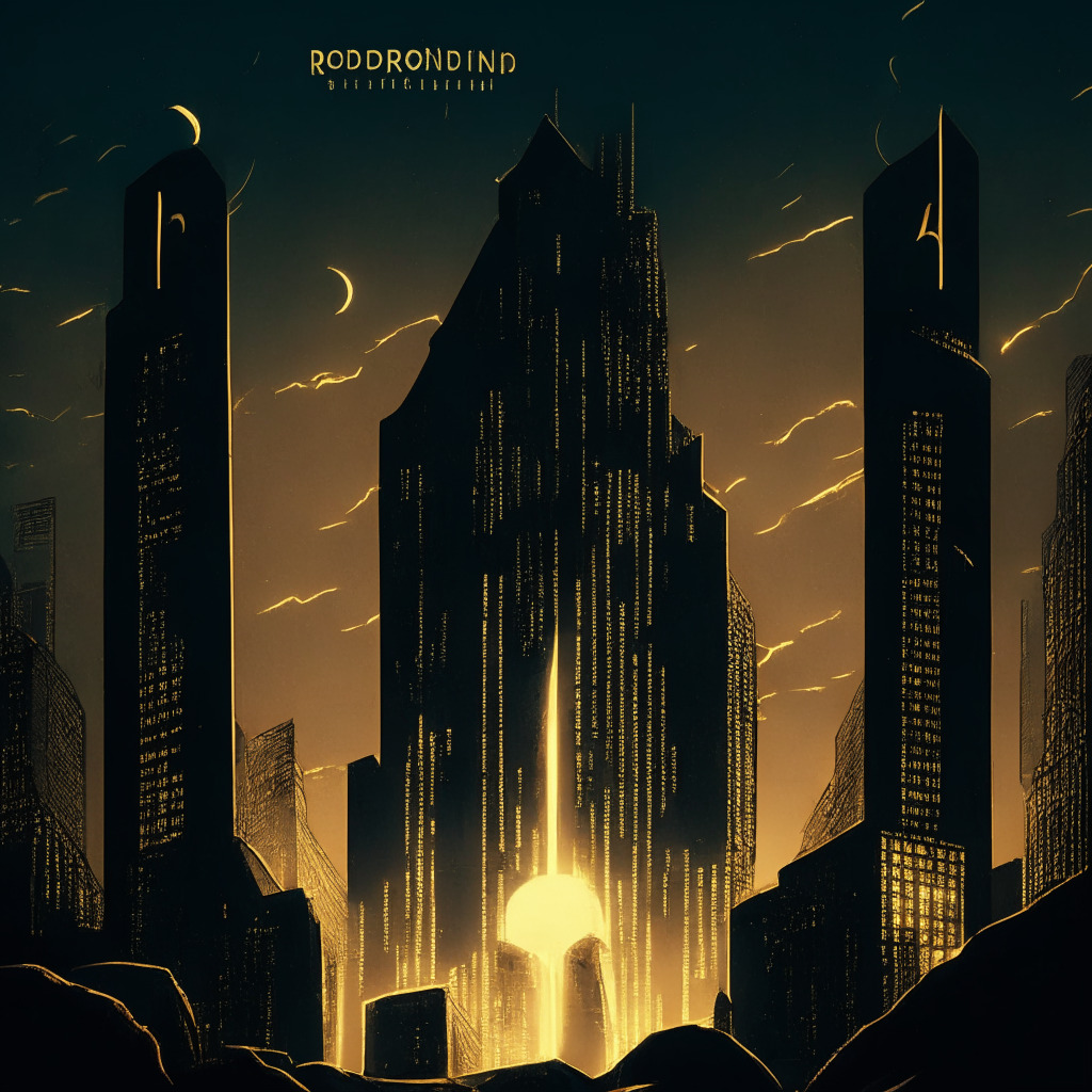 An eerily lit, semi-abstract financial cityscape at dusk, the largest building labeled 'Robinhood', with a massive shadowy Bitcoin symbol hovering above it, Noir comic style, hint of mystery and suspense, 3 billion golden lights emanating from Bitcoin create tension and ambiguity.