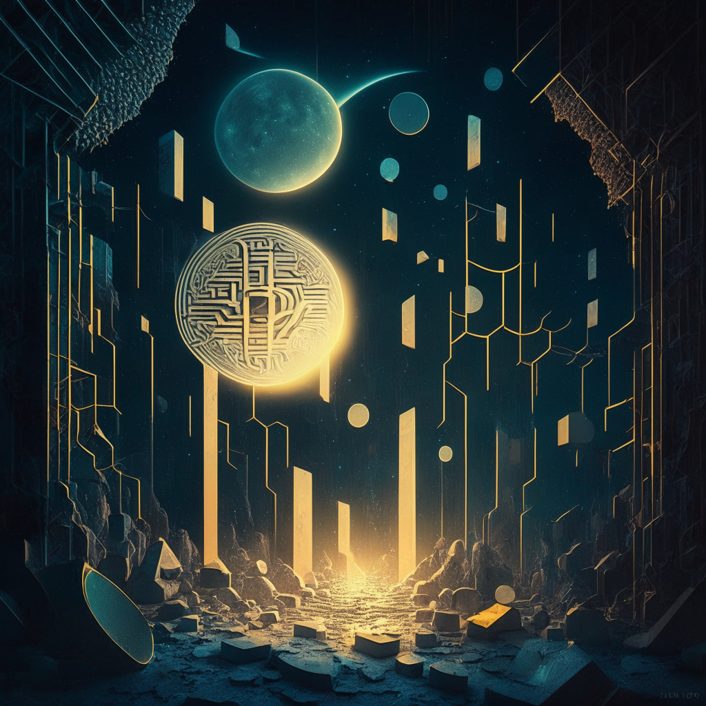 An enigmatic abstract scene bathed in a digital, low-light twilight. Render a cohesive blend of surreal elements denoting the motifs of upward flight and currency symbolizing the drastic rise of MOON and BRICK tokens. Emanate a complex network of gleaming paths, signifying a blockchain. Fuse an undertone of anticipation and intrigue, with a hint of nurturing growth.