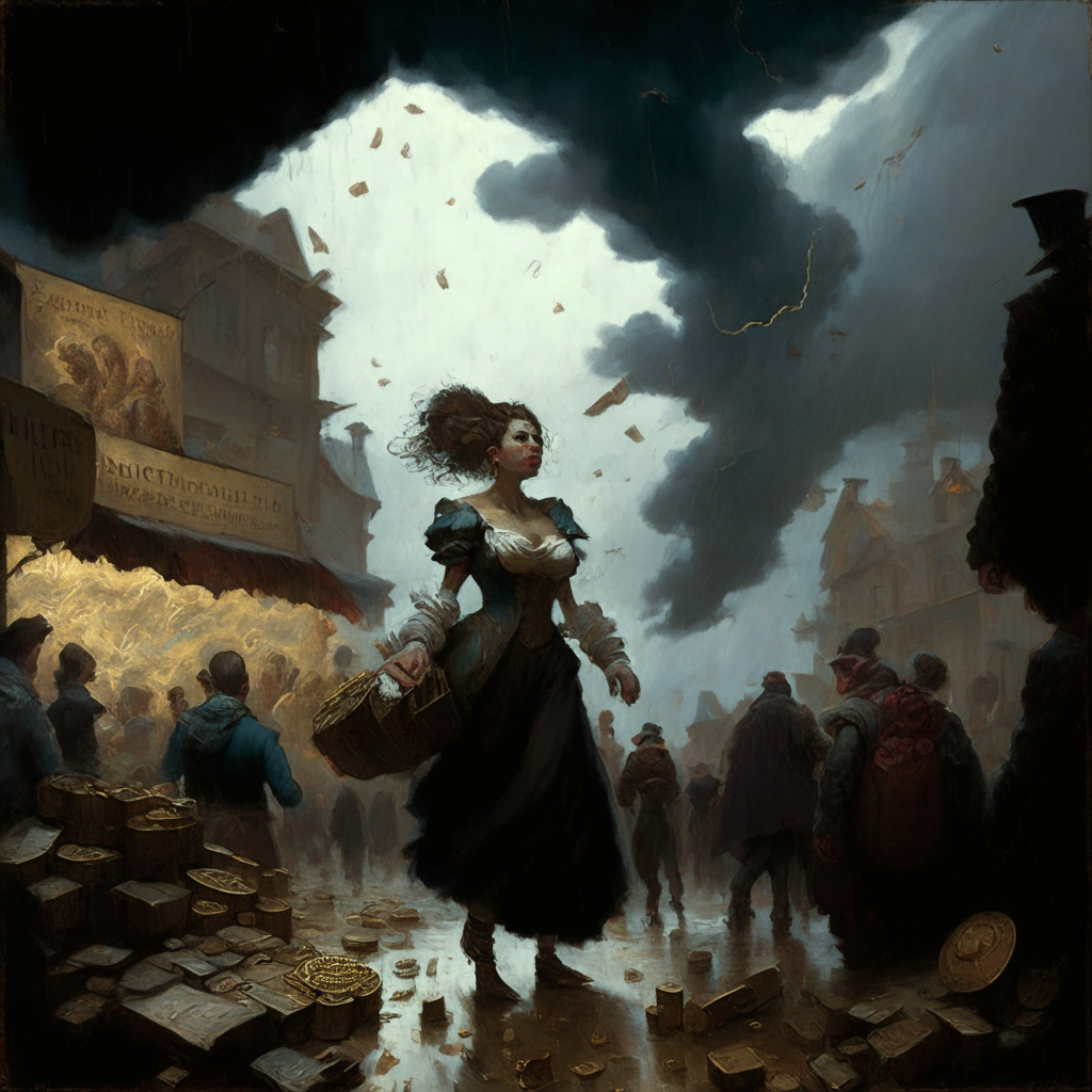 A 19th-century-style painting of a bustling cryptomarket, with Rollbit and Sonik coins personified into distinct characters under a turbulent sky. Rollbit, bruised but standing tall, represents resilience amidst downfall, while Sonika, an alluring figure with a bright aura, signifies promising returns. The artistic style is moody and dramatic with a chiaroscuro light mood, hinting at the high-stakes game of the crypto sphere.